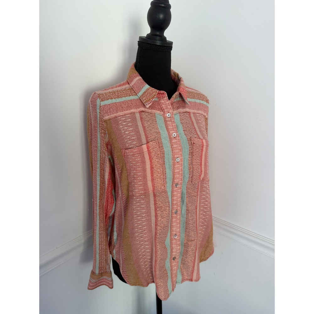 Maeve Anthropologie Striped Wool Blend Button Down Shirt Coral Teal Womens 8